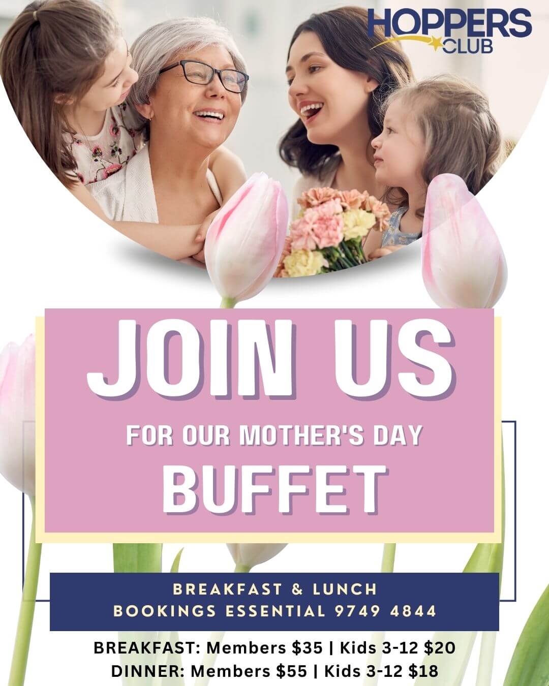 Make Mum's day this Mother's Day. Our Mother's Day Buffet is for Breakfast & Lunch. Normal menu for Dinner.